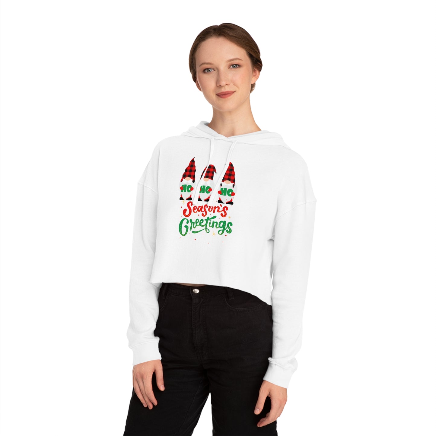 Womens Gnomes Seasons Greetings Cropped Hooded Sweatshirt