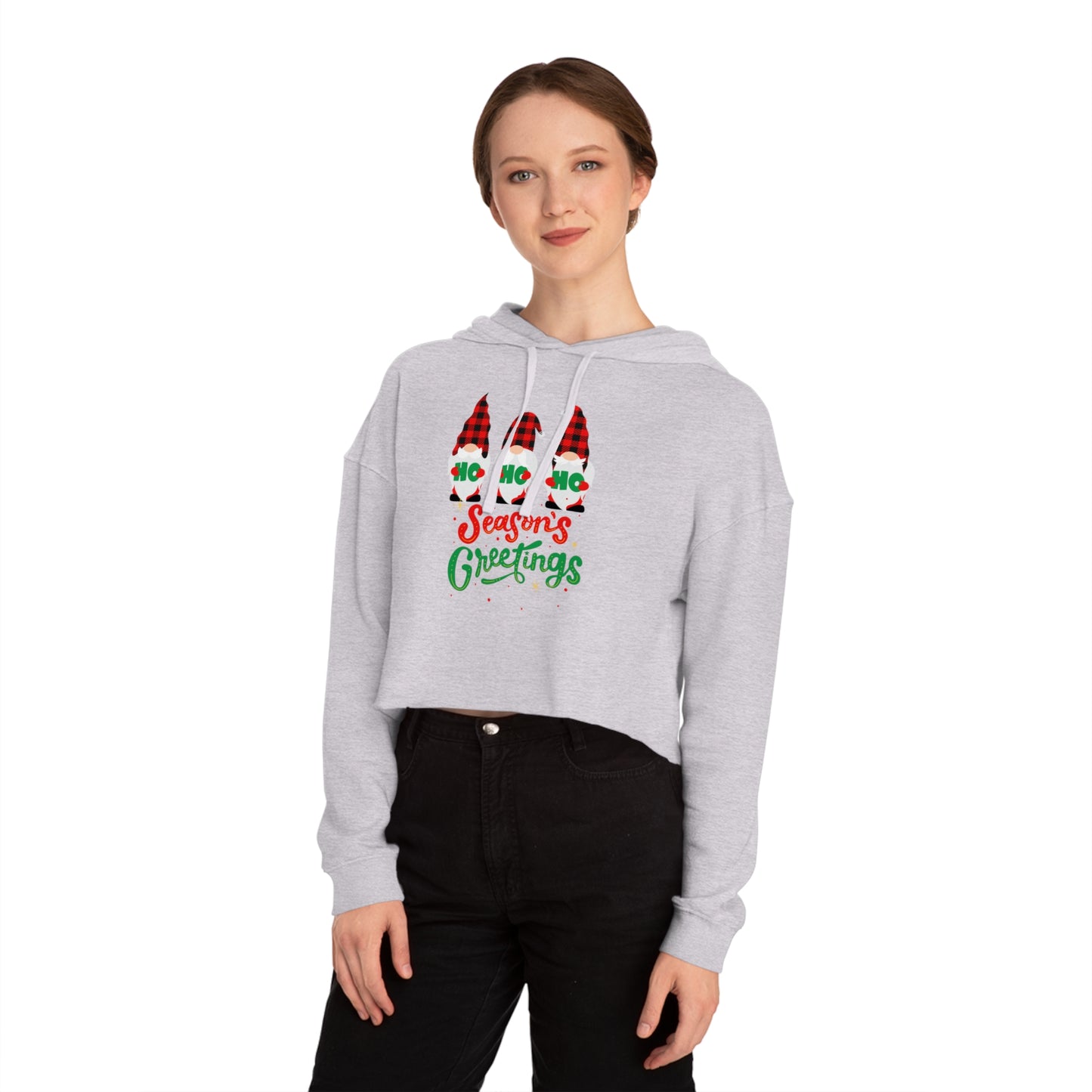 Womens Gnomes Seasons Greetings Cropped Hooded Sweatshirt