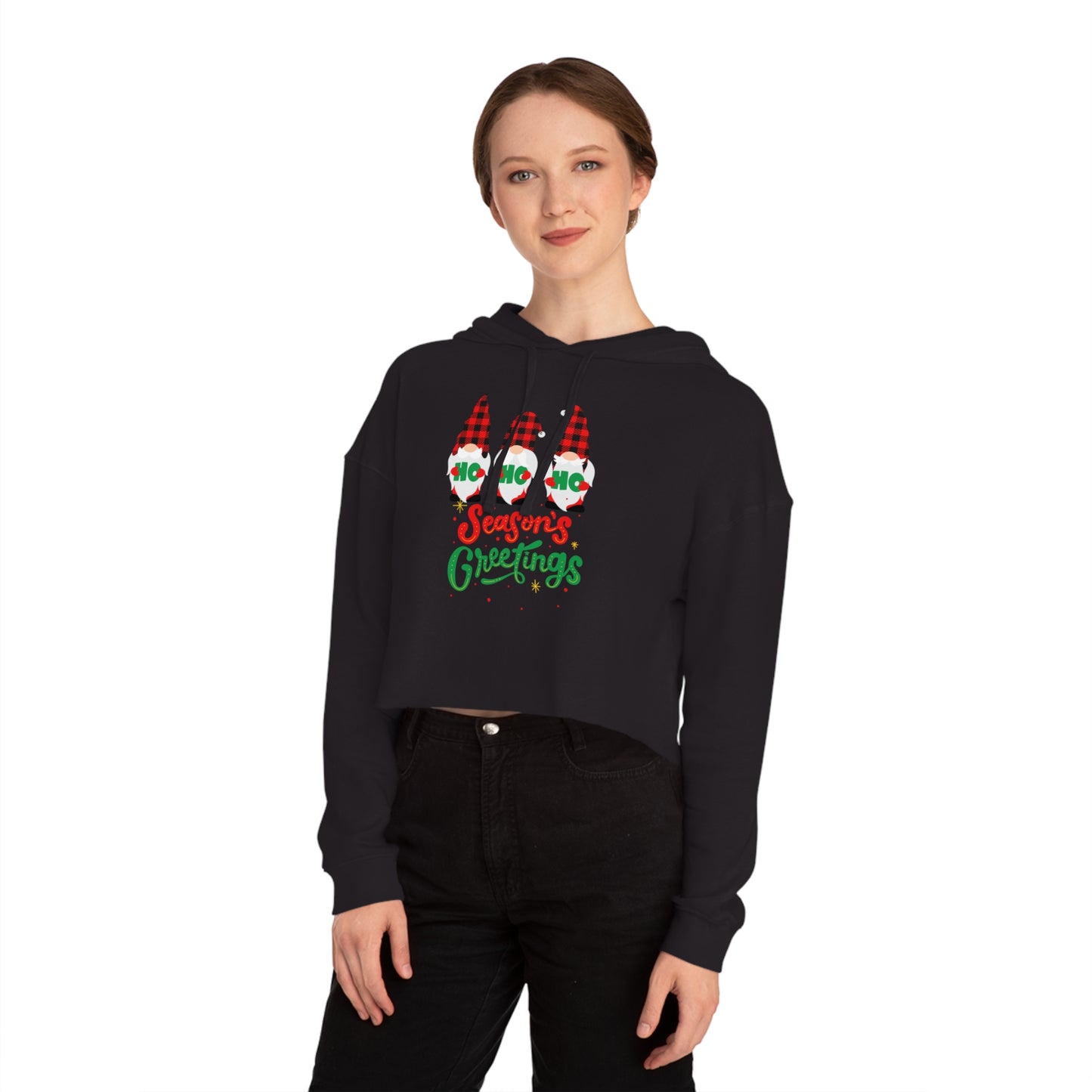 Womens Gnomes Seasons Greetings Cropped Hooded Sweatshirt